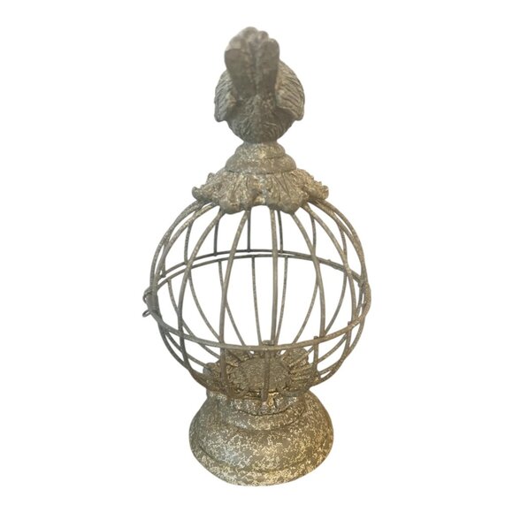 French Wire Metal Bird Cage Decor, Sparrow Topper & Pedestal Design Opens 8.75" - Picture 3 of 8